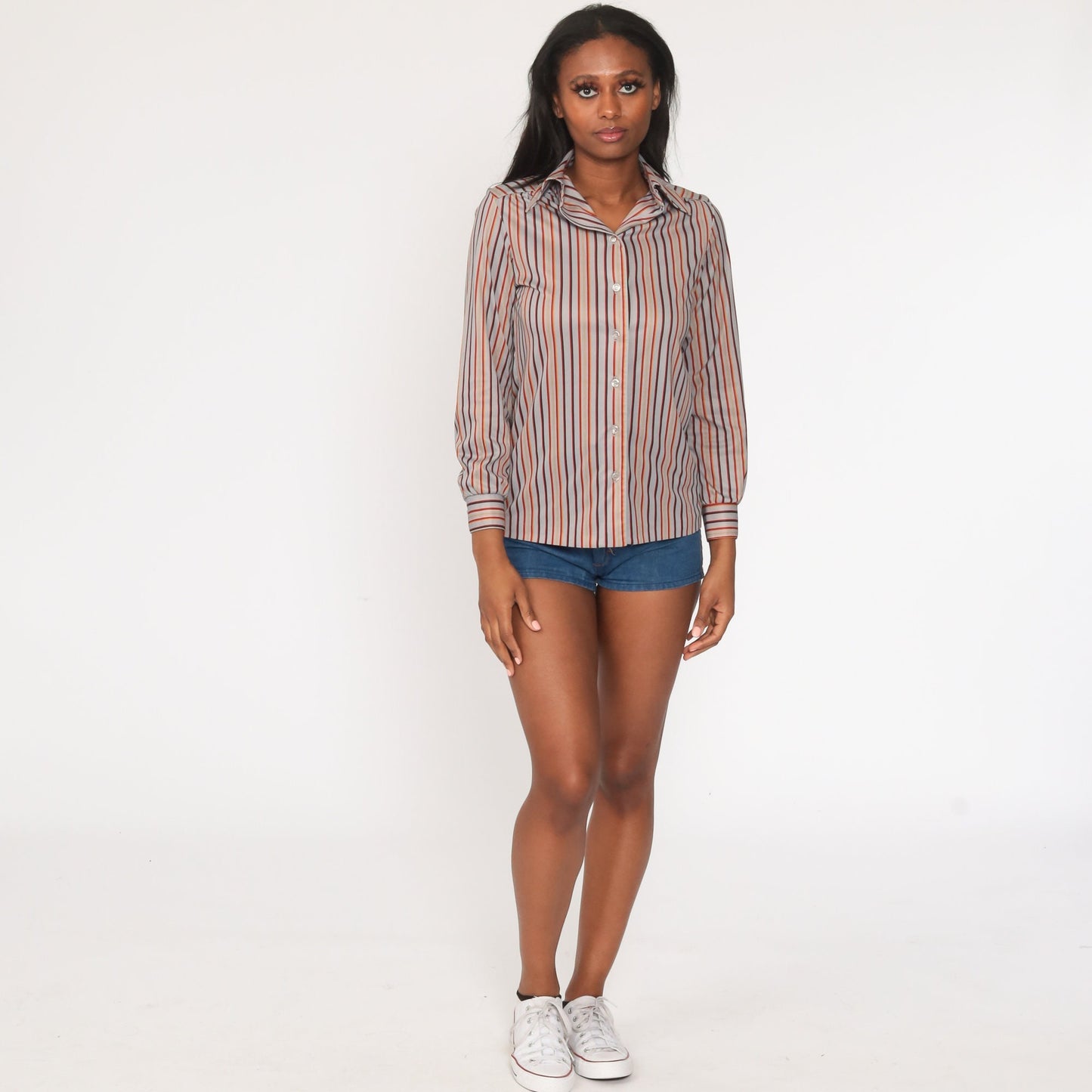 70s Striped Grey Button-Up Shirt Long Sleeve Disco Blouse Small