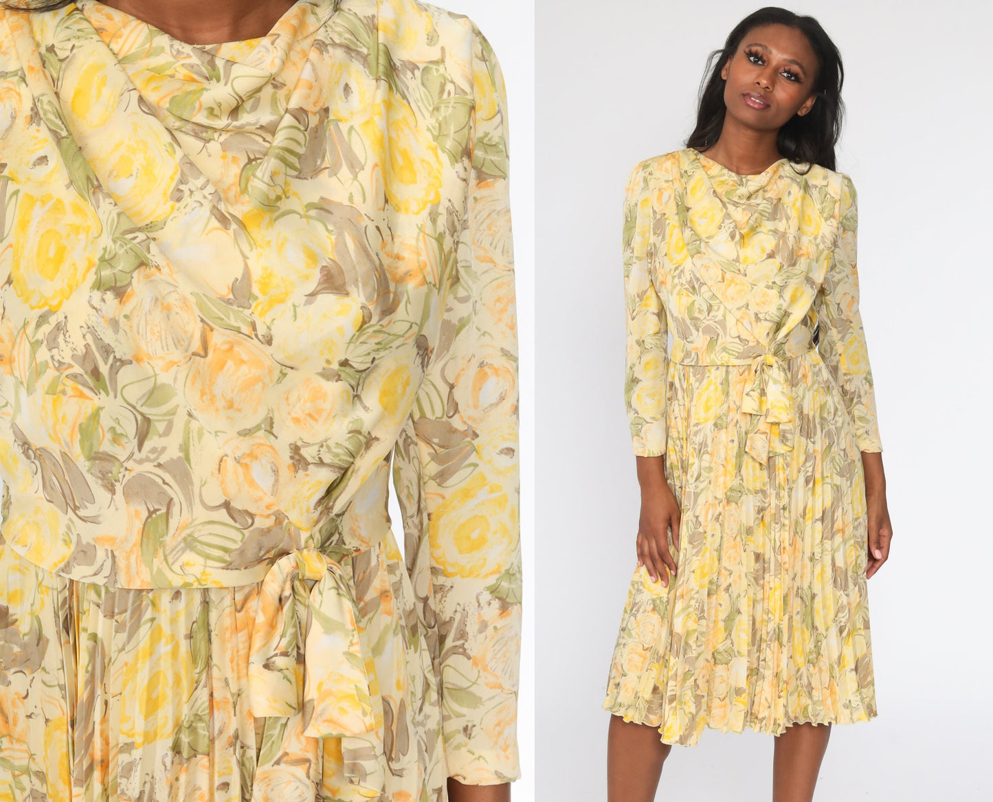00s Yellow Floral Midi Dress Cowl Neck Pleated Long Sleeve Small S