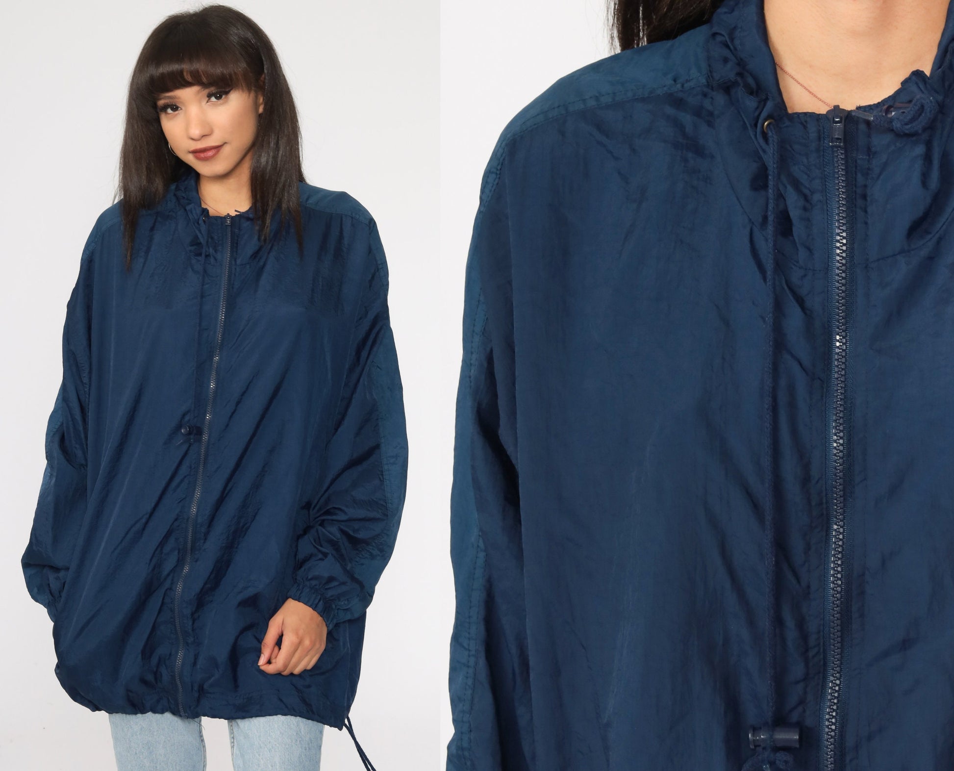 90s Navy Windbreaker Jacket Drawstring Neck Nylon Extra Large XL
