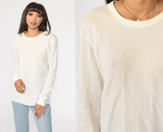 80s Cream Waffle Knit Thermal Shirt Long Sleeve Undershirt Extra Large