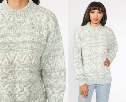 90s Geometric Print Sweater Green Cotton Ramie Knit Pullover Large L