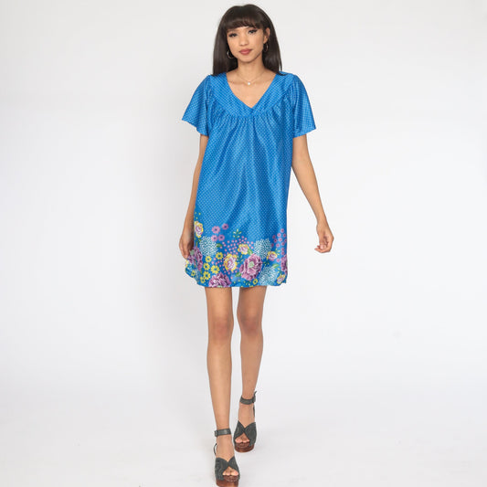 80s Floral Mini Dress Blue Polka Dot Tent Cut Plus Size 1X