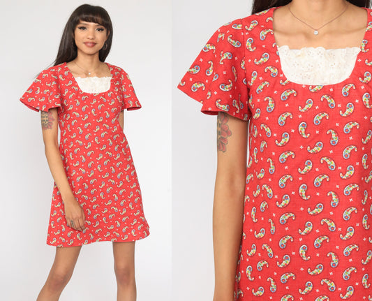 60s Psychedelic Paisley Mini Dress Flutter Sleeve Shift Red Small