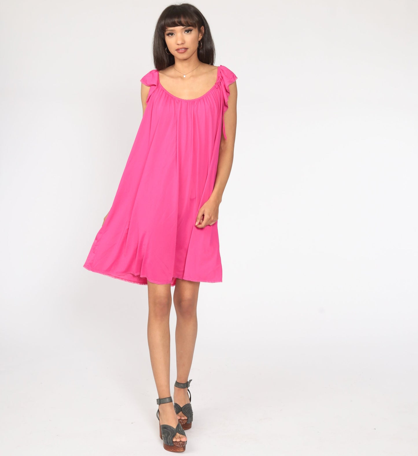 80s Bright Pink Nightgown Flutter Sleeve Tent Cut Nylon Nightie Medium Large