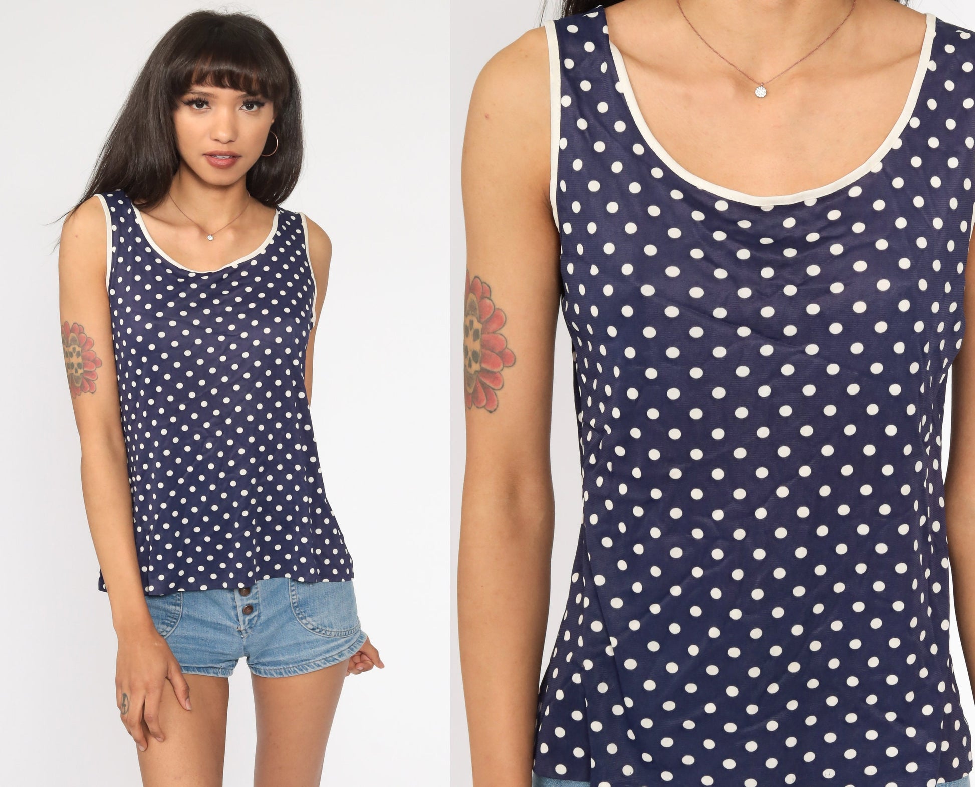 70s Dark Blue Polka Dot Tank Top Sleeveless Shirt Medium