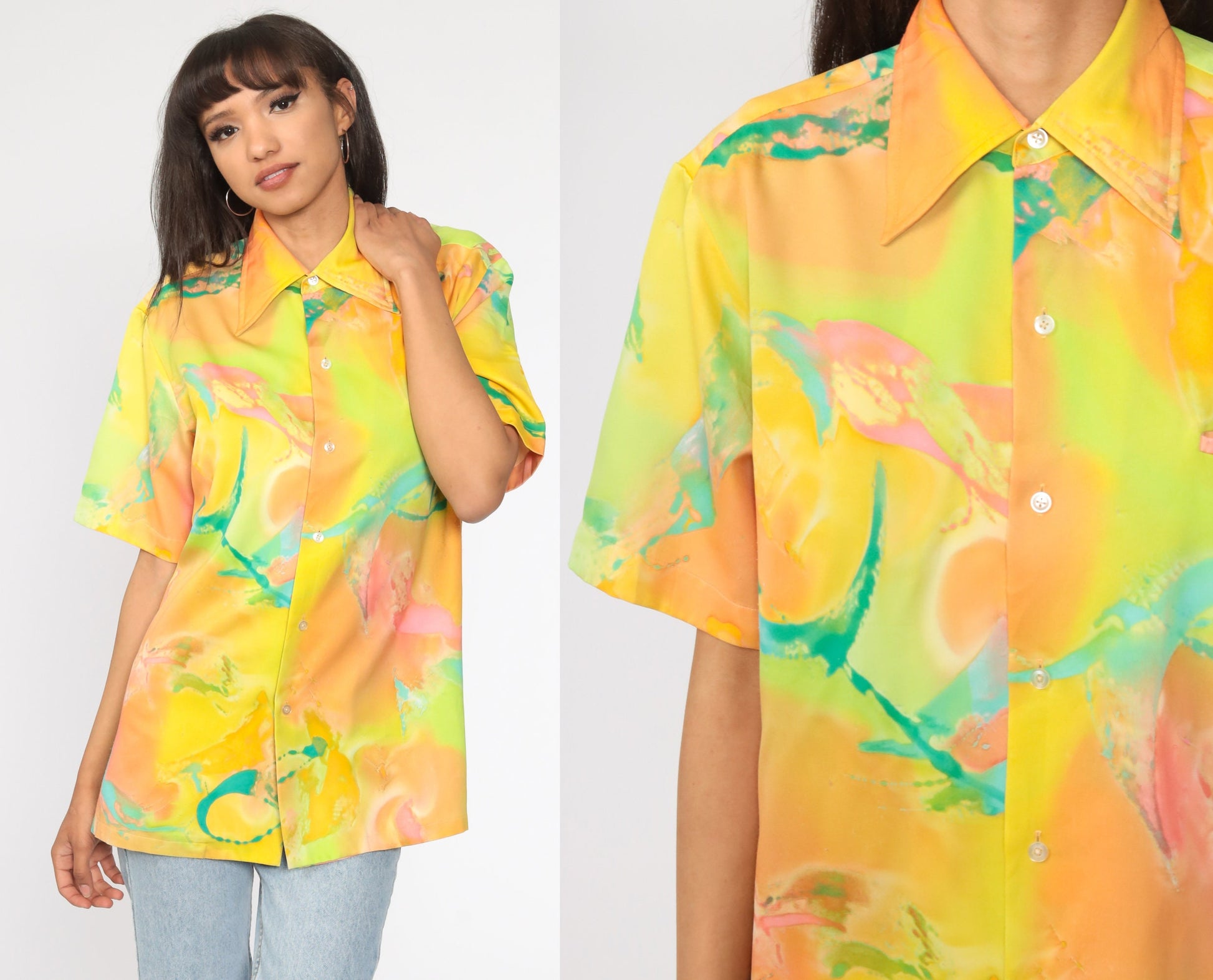70s Psychedelic Print Button-Up Shirt Neon Yellow Short Sleeve Extra Large