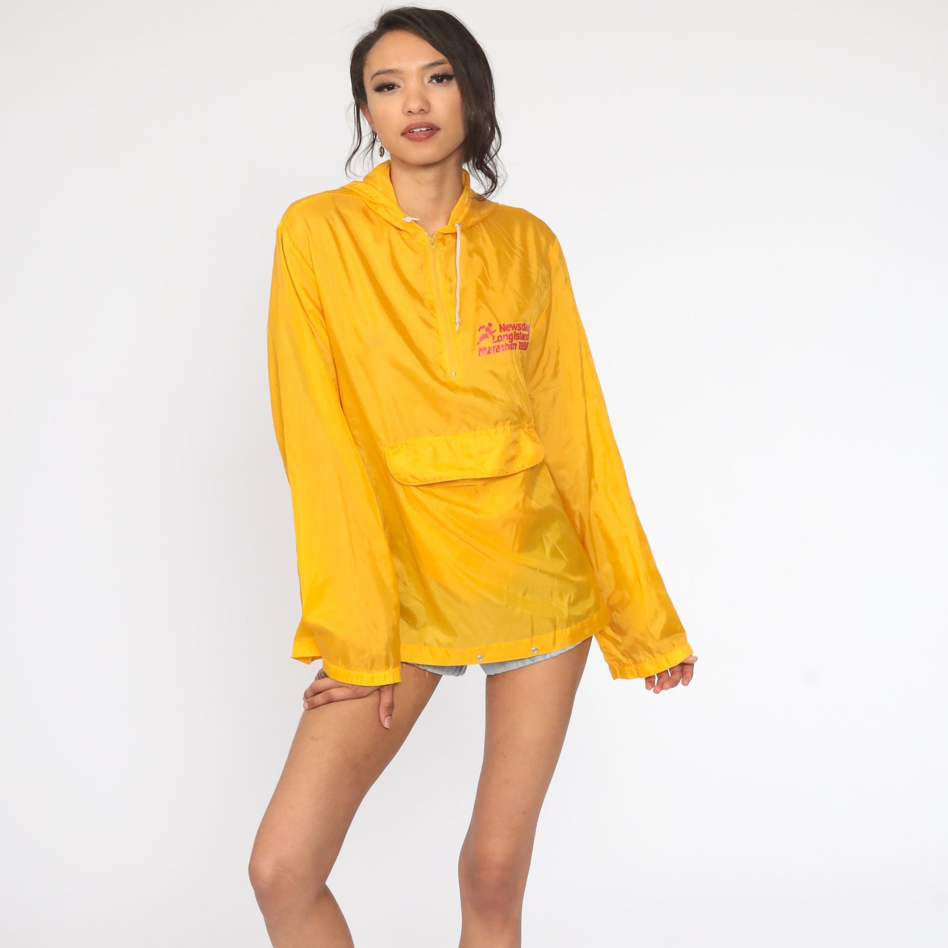 80s Long Island Marathon Yellow Half Zip Hooded Jacket Windbreaker Small Medium