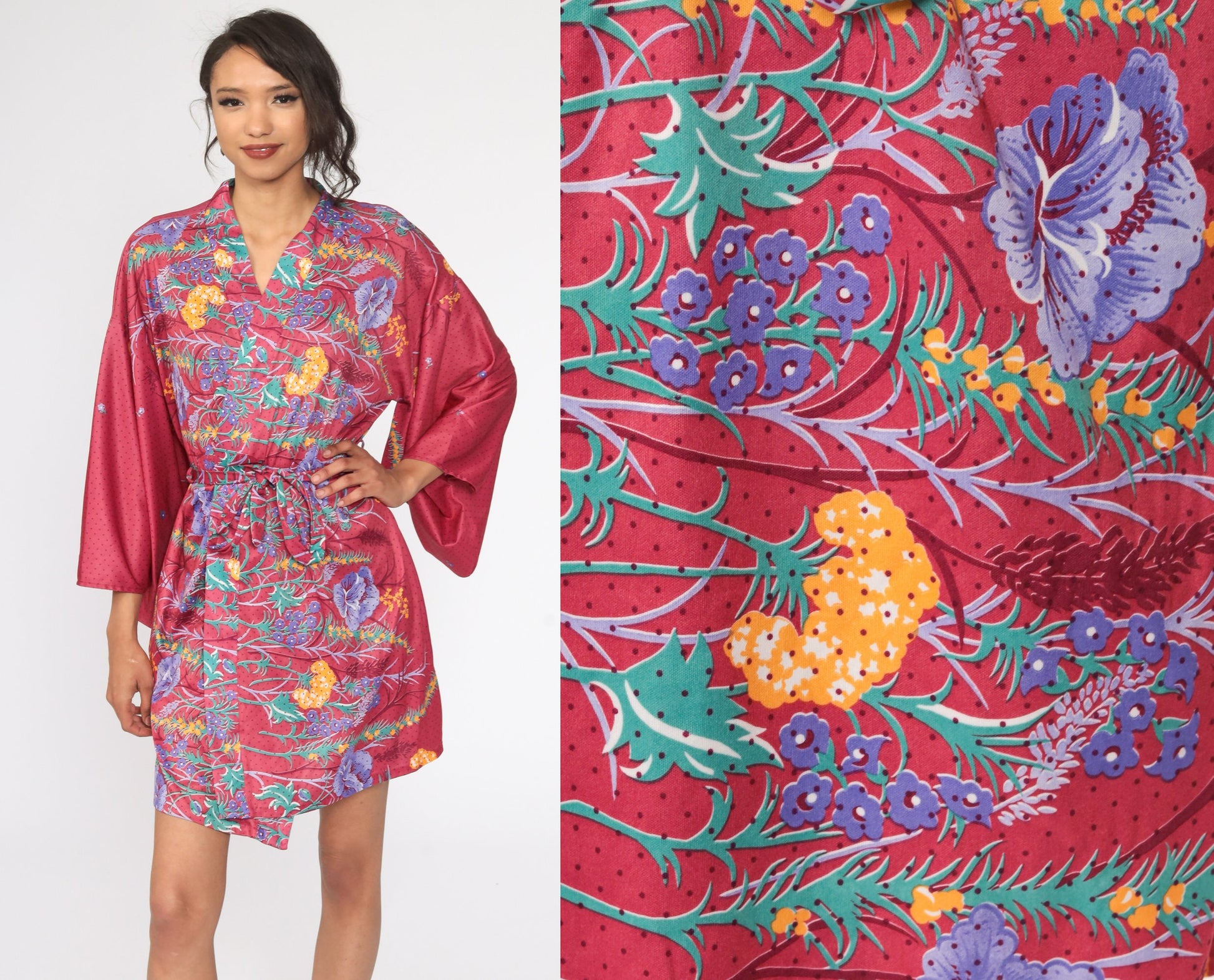 70s Floral Kimono Robe Wrap Dressing Gown Tropical Print Medium Large