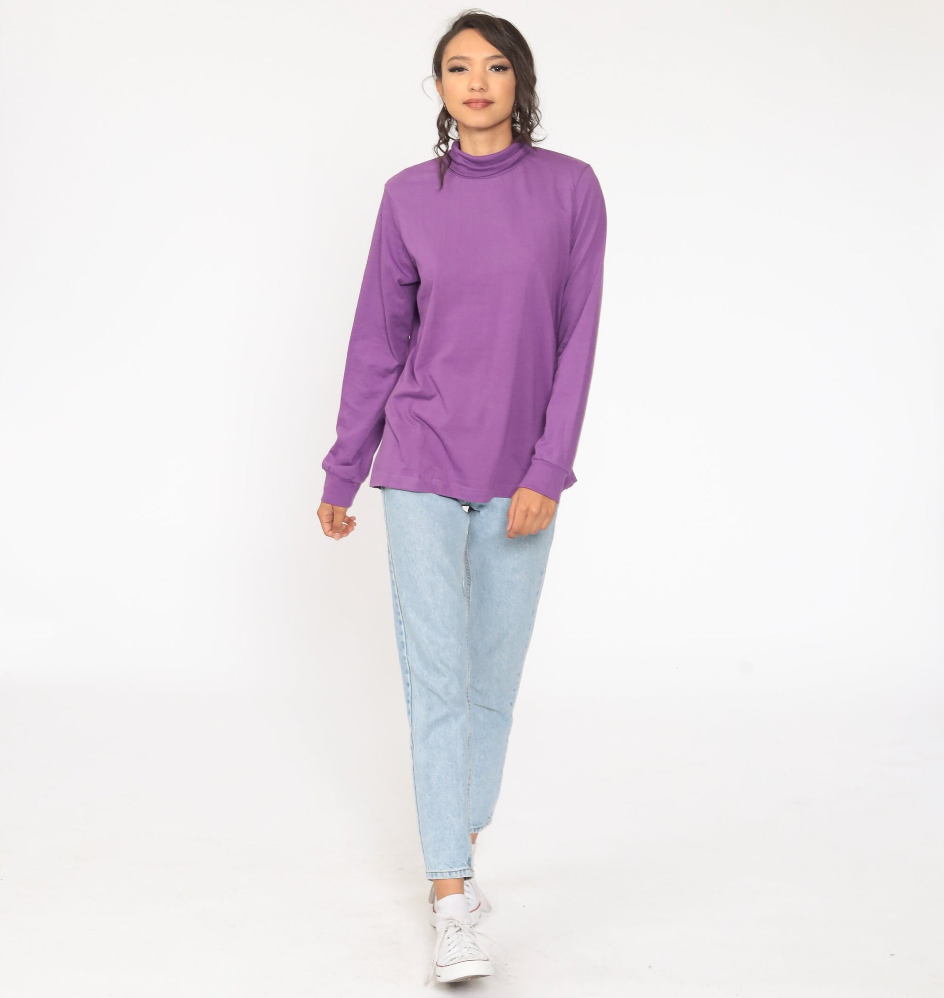 80s Purple Turtleneck Long Sleeve Shirt Cotton Blend Large
