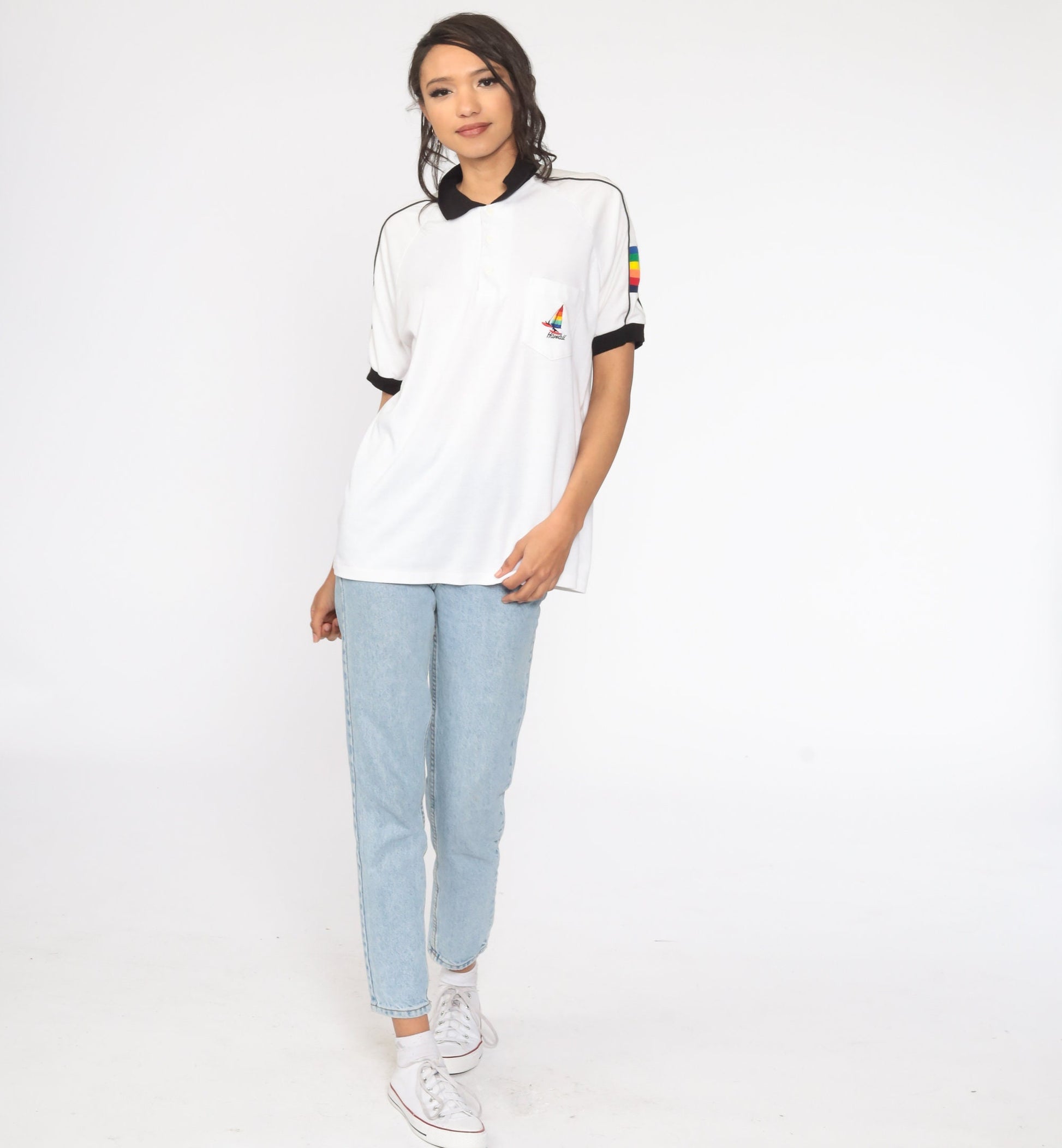 80s Hawaii Rainbow Sailboat Polo Shirt Striped Collared Half-Button Extra Large