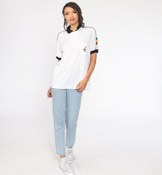 80s Hawaii Rainbow Sailboat Polo Shirt Striped Collared Half-Button Extra Large