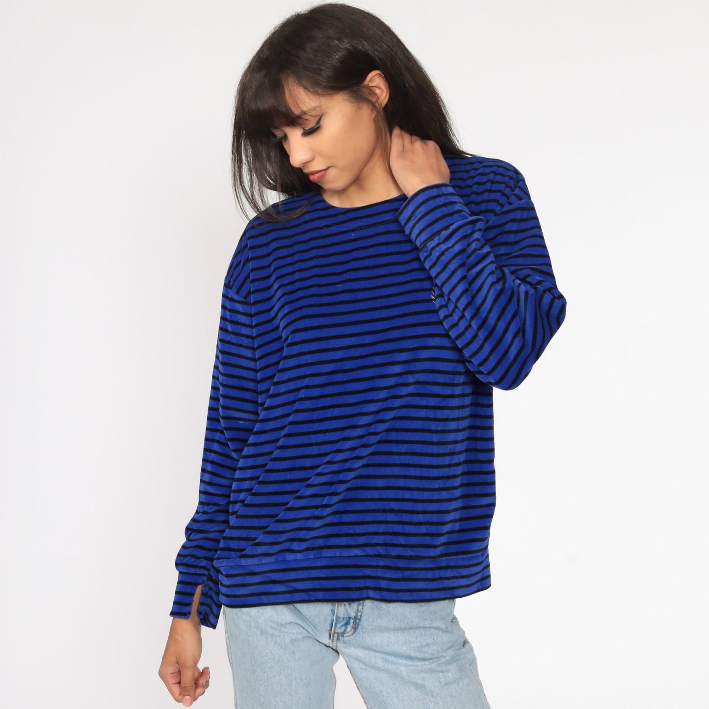 80s Striped Velour Pullover Blue Gold Crest Long Sleeve Small