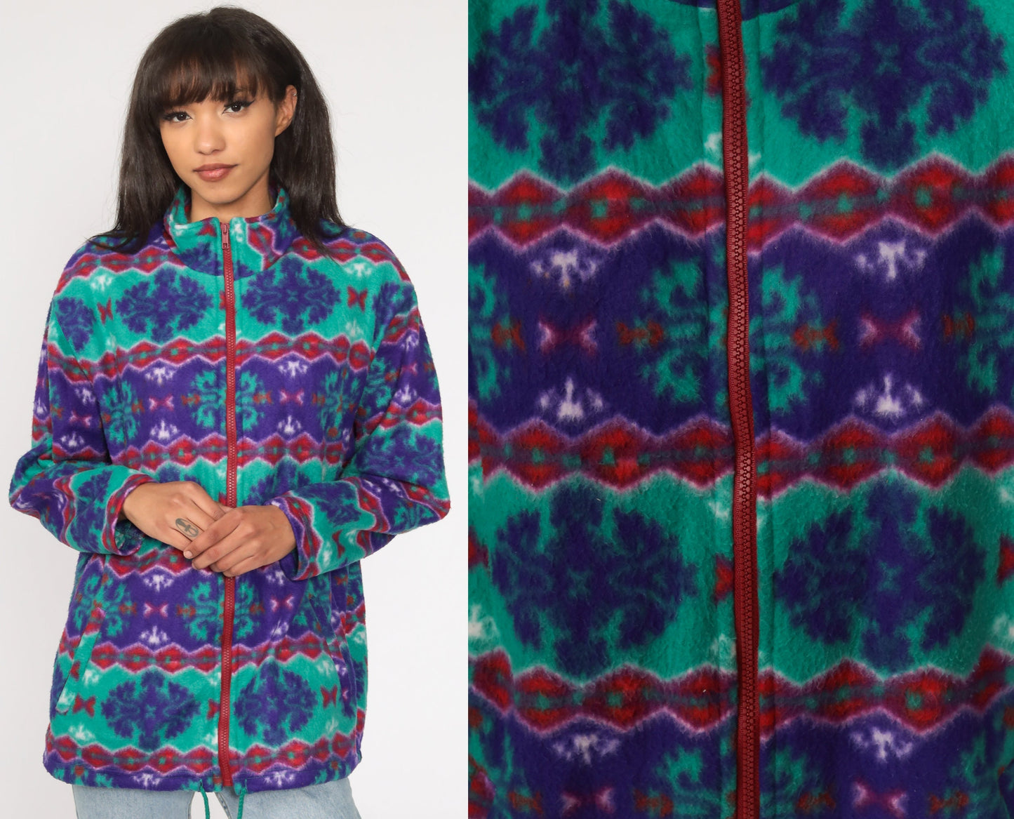 90s Geometric Fleece Jacket Zip Up Green Purple Large L