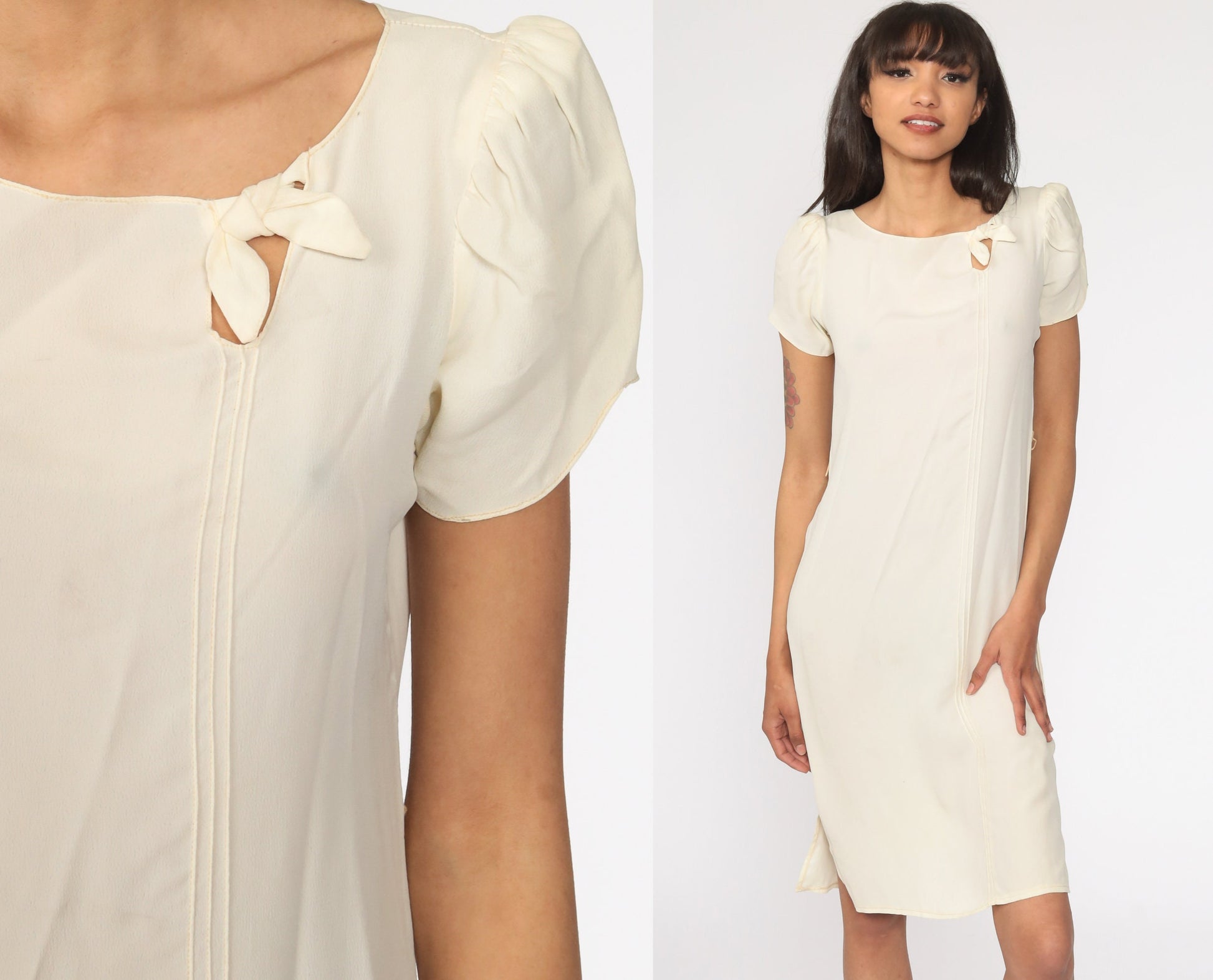 70s Cream Mini Shift Dress Puff Sleeve Cutout Bow Extra Small XS
