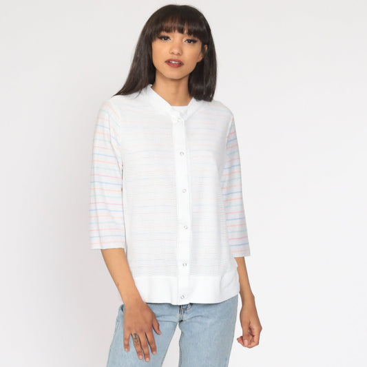 80s White Striped Mesh 3/4 Sleeve Shirt Medium