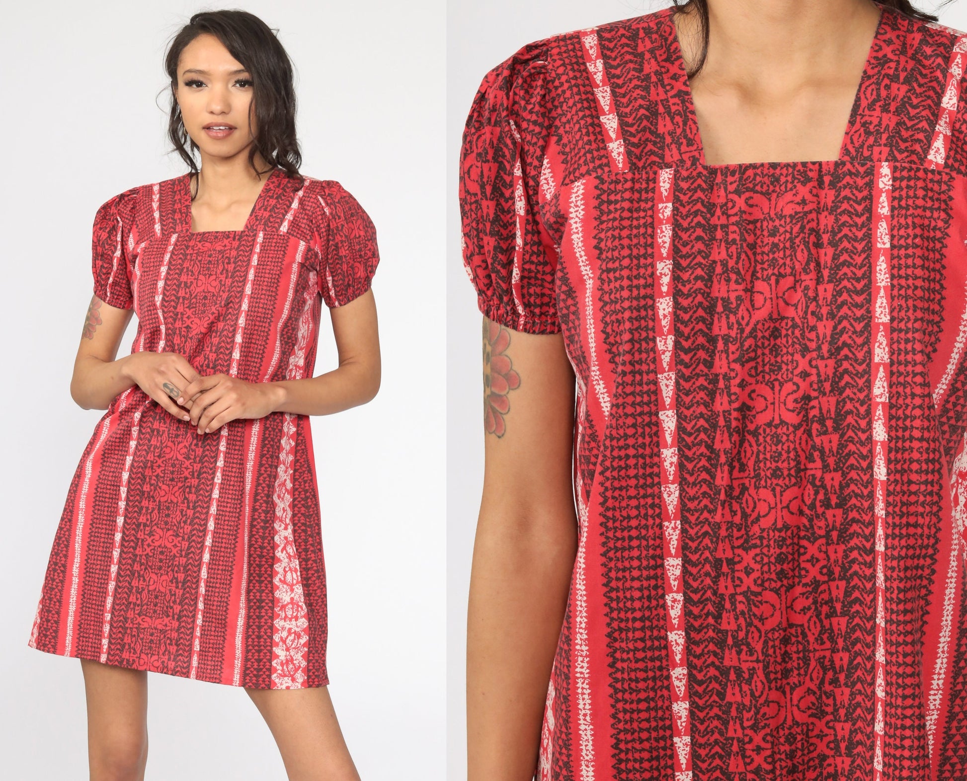 80s Red Geometric Tribal Puff Sleeve Mini Dress Shift Cut Small