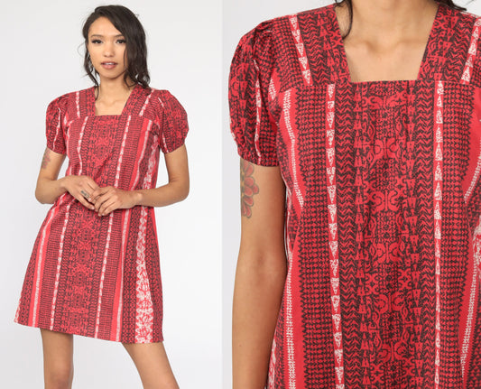 80s Red Geometric Tribal Puff Sleeve Mini Dress Shift Cut Small