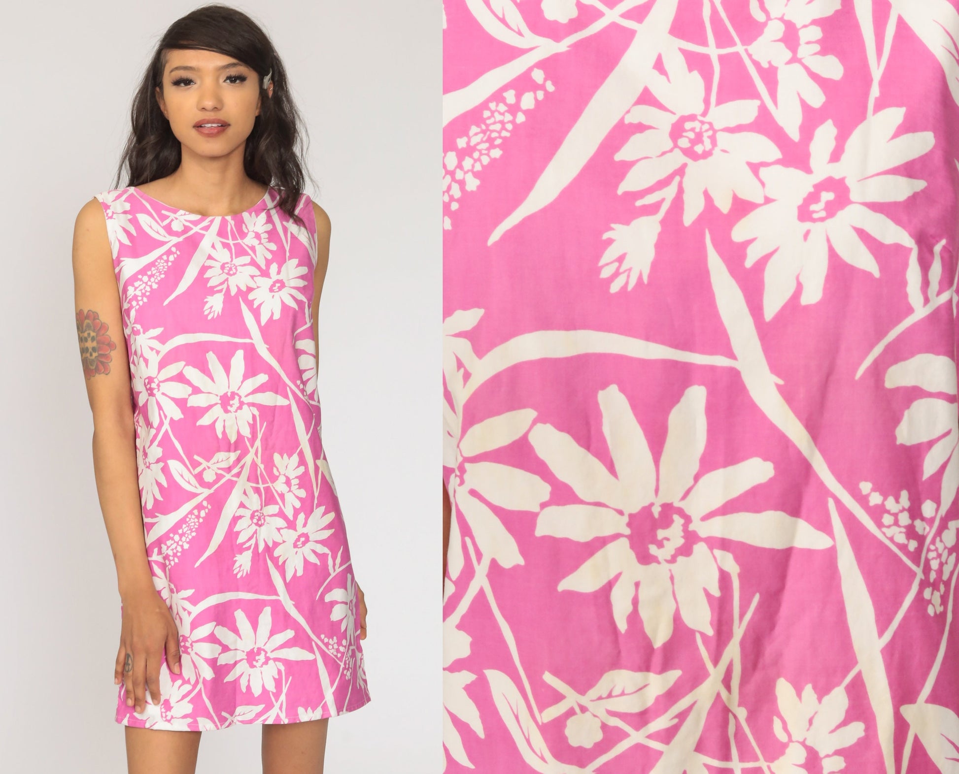 60s Floral Shift Dress Pink Mini Sleeveless Mod Print Small