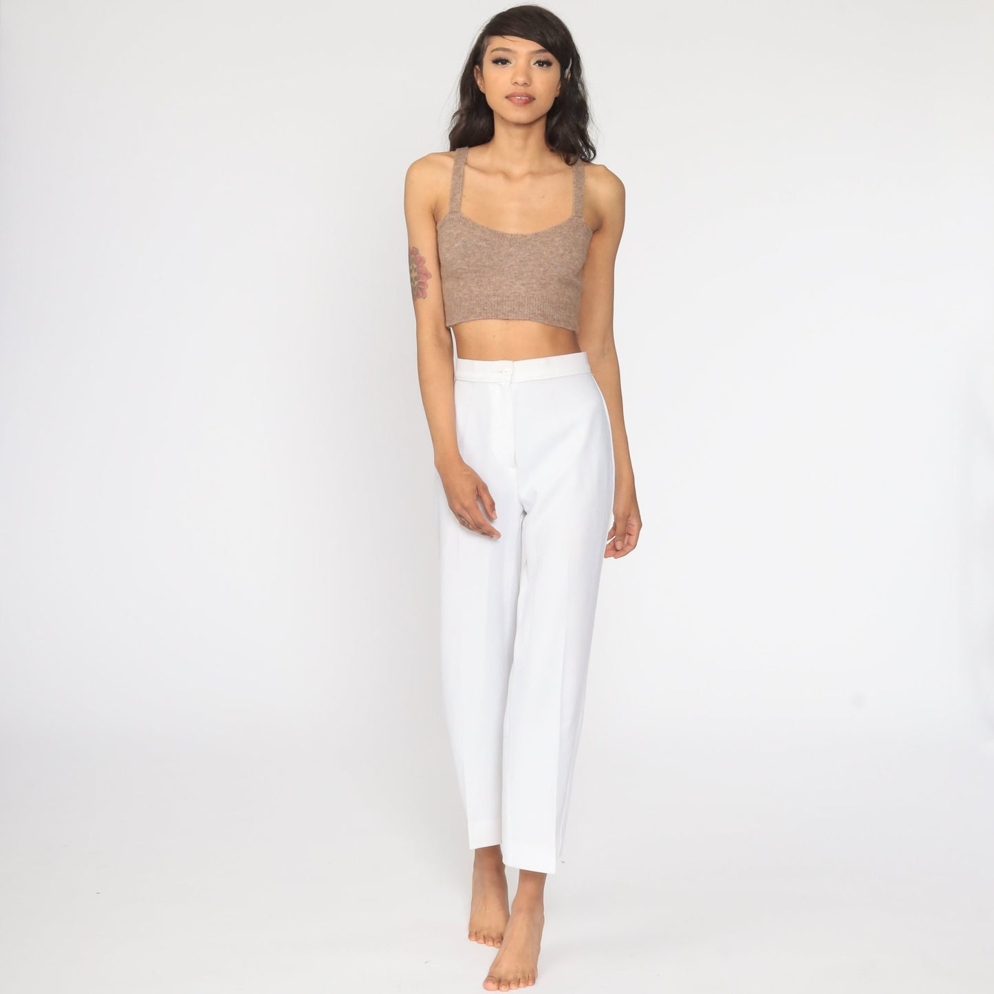 70s White High-Waisted Straight Leg Trousers Small 26