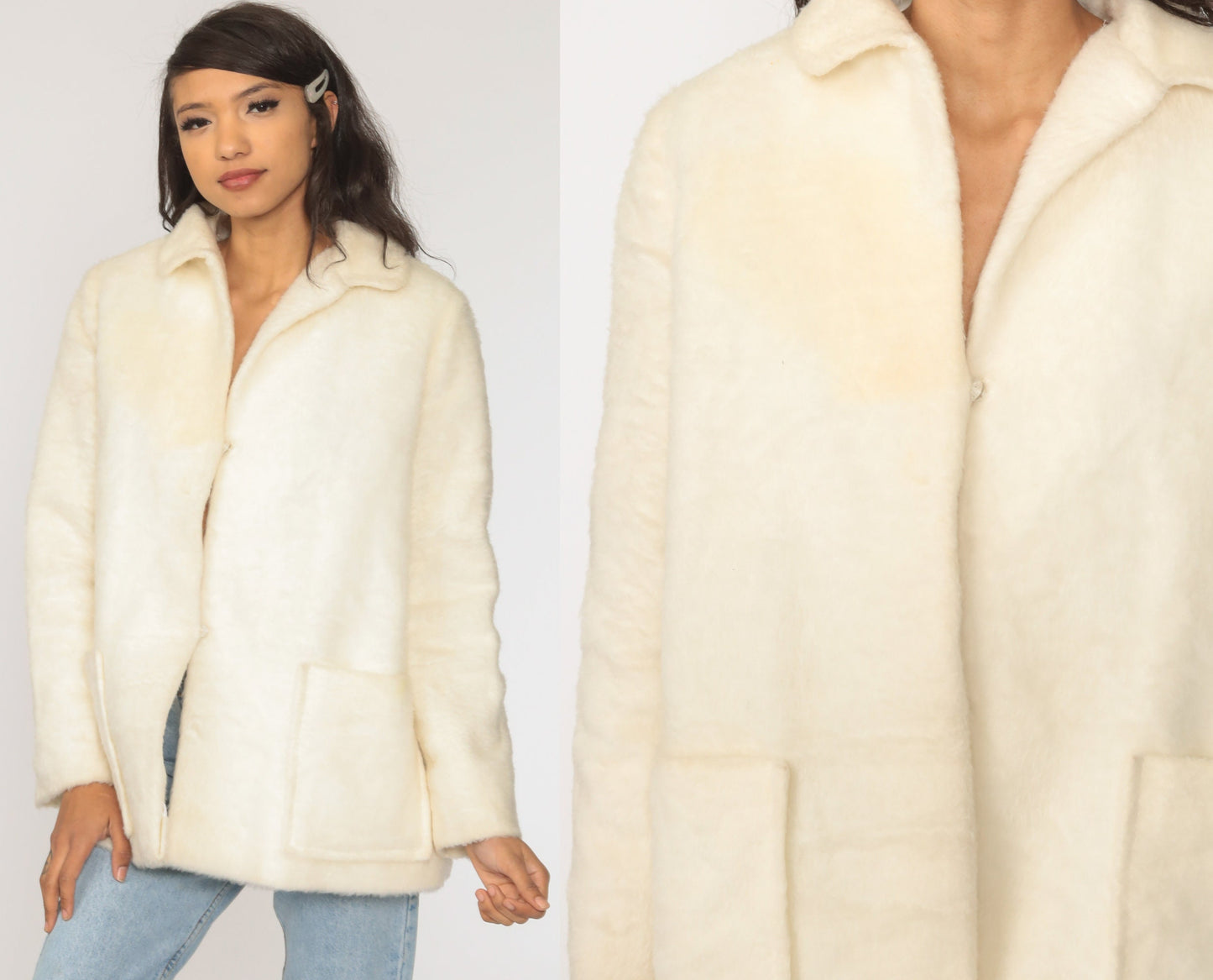 60s Off-White Faux Fur Coat Vintage Jacket Large L