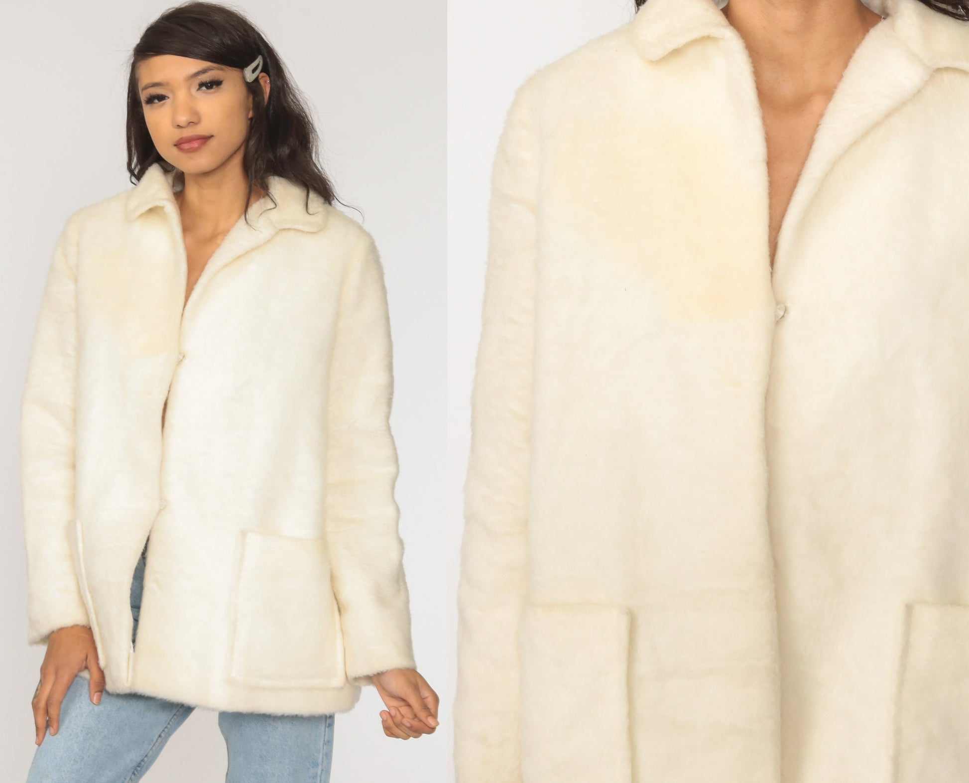 60s Off-White Faux Fur Coat Vintage Jacket Large L