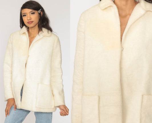 60s Off-White Faux Fur Coat Vintage Jacket Large L
