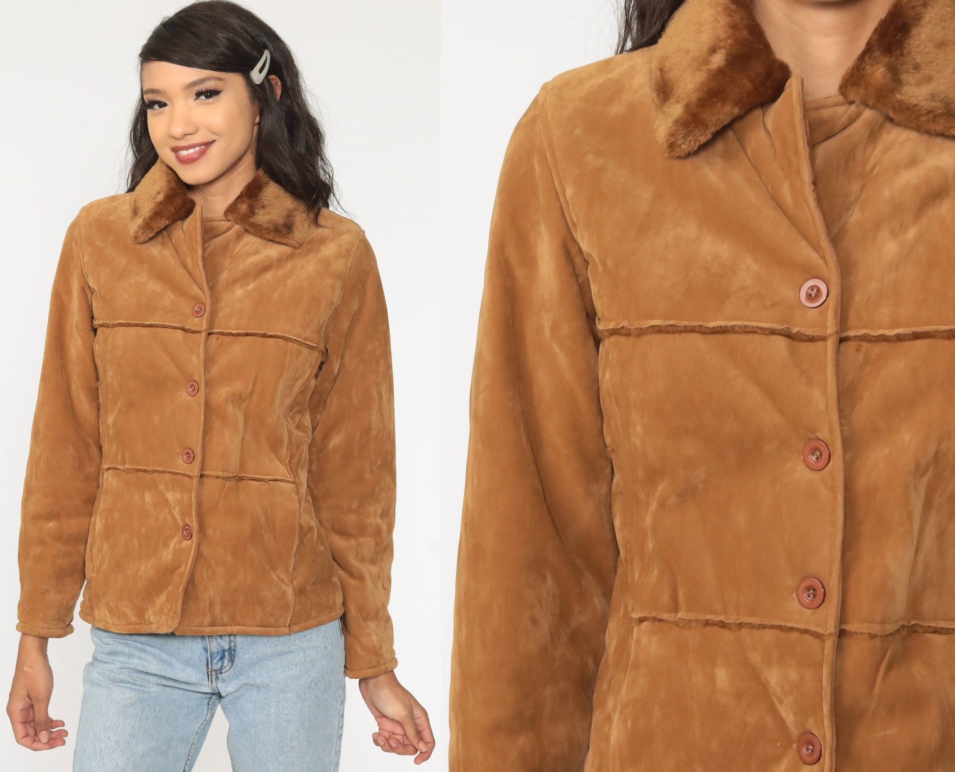00s Brown Velour Jacket Faux Fur Trim Y2K Short Coat Medium