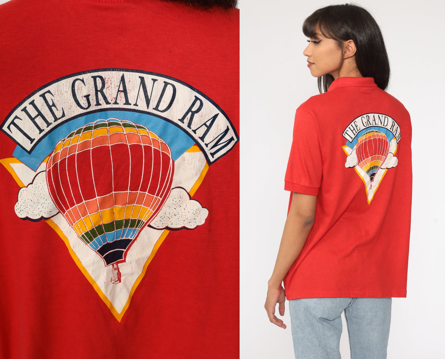 80s The Grand Ram Hot Air Balloon Polo Shirt Red Graphic Button-Up Medium