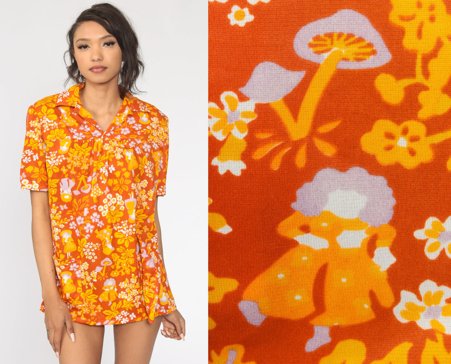 70s Mushroom Print Tunic Blouse Burnt Orange Short Sleeve Medium
