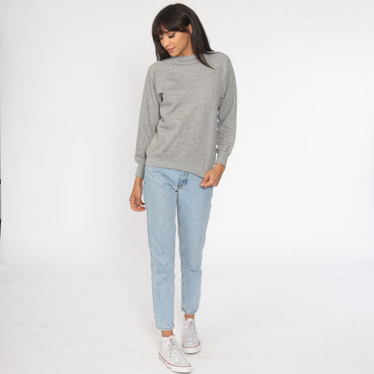 80s Grey Raglan Sweatshirt Crewneck Plain Pullover Small