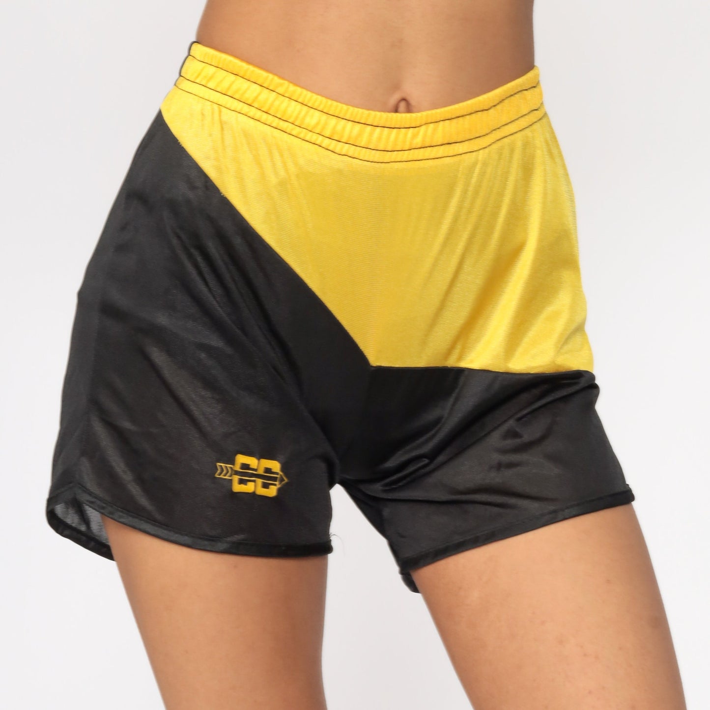80s Black Yellow Nylon Running Shorts High Waist Color Block Extra Small