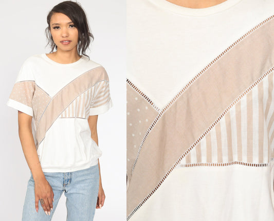 80s Striped Cutout Top White Tan Short Sleeve Blouse Medium