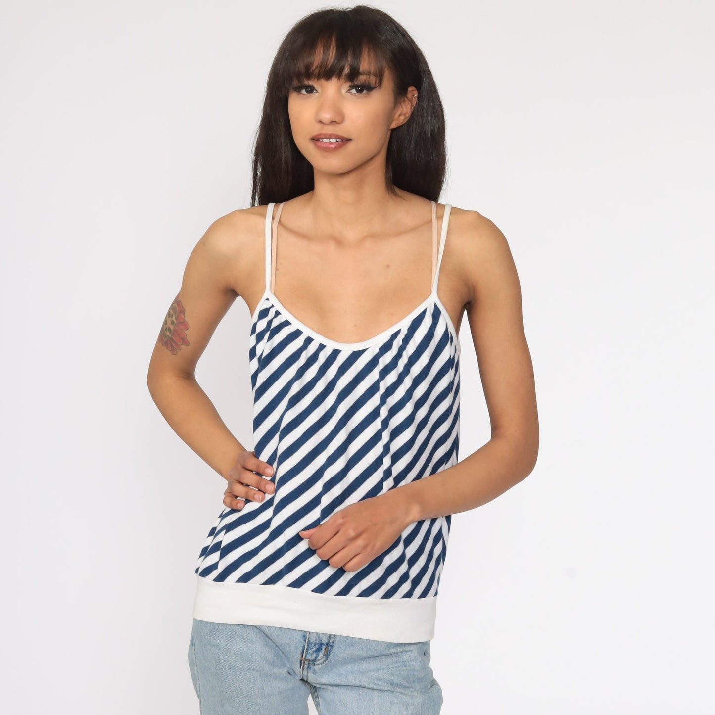 80s Striped Spaghetti Strap Tank Top Blue White Slouchy Medium