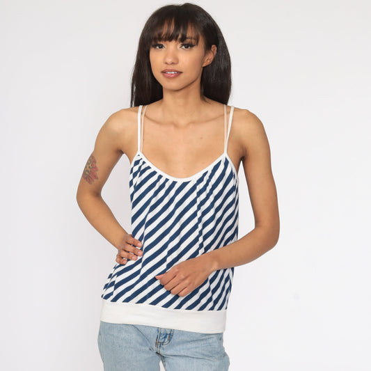 80s Striped Spaghetti Strap Tank Top Blue White Slouchy Medium