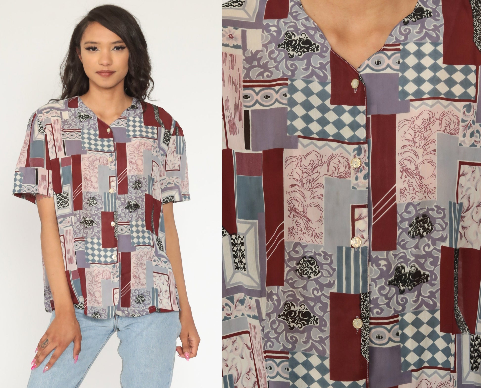 Y2K Patchwork Button-Up Blouse Burgundy Pink Short Sleeve Extra Large XXL