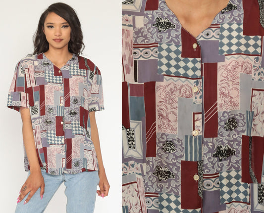Y2K Patchwork Button-Up Blouse Burgundy Pink Short Sleeve Extra Large XXL