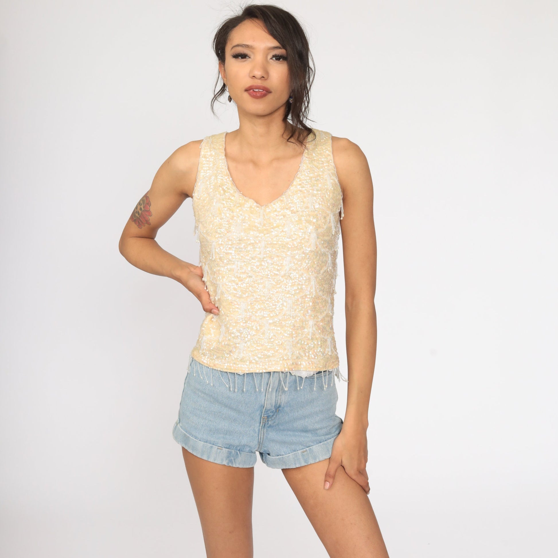 60s Beaded Sequin Knit Tank Top Cream Sleeveless Blouse Extra Small
