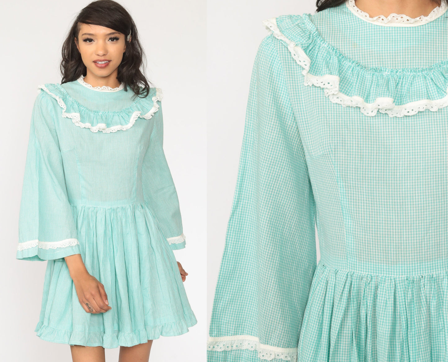 1960s Gingham Mini Dress Bell Sleeve Eyelet Lace Bluish Green Small
