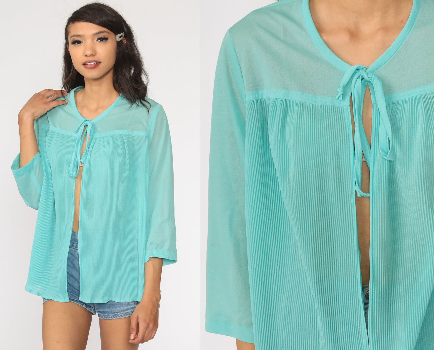 70s Sheer Blue Blouse Tie Neck Pleated Long Sleeve Top Medium Large