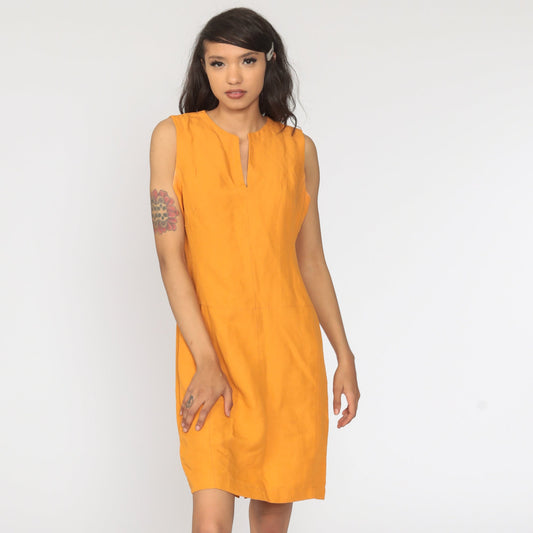 90s Orange Linen Rayon Sleeveless Mini Shift Dress Medium