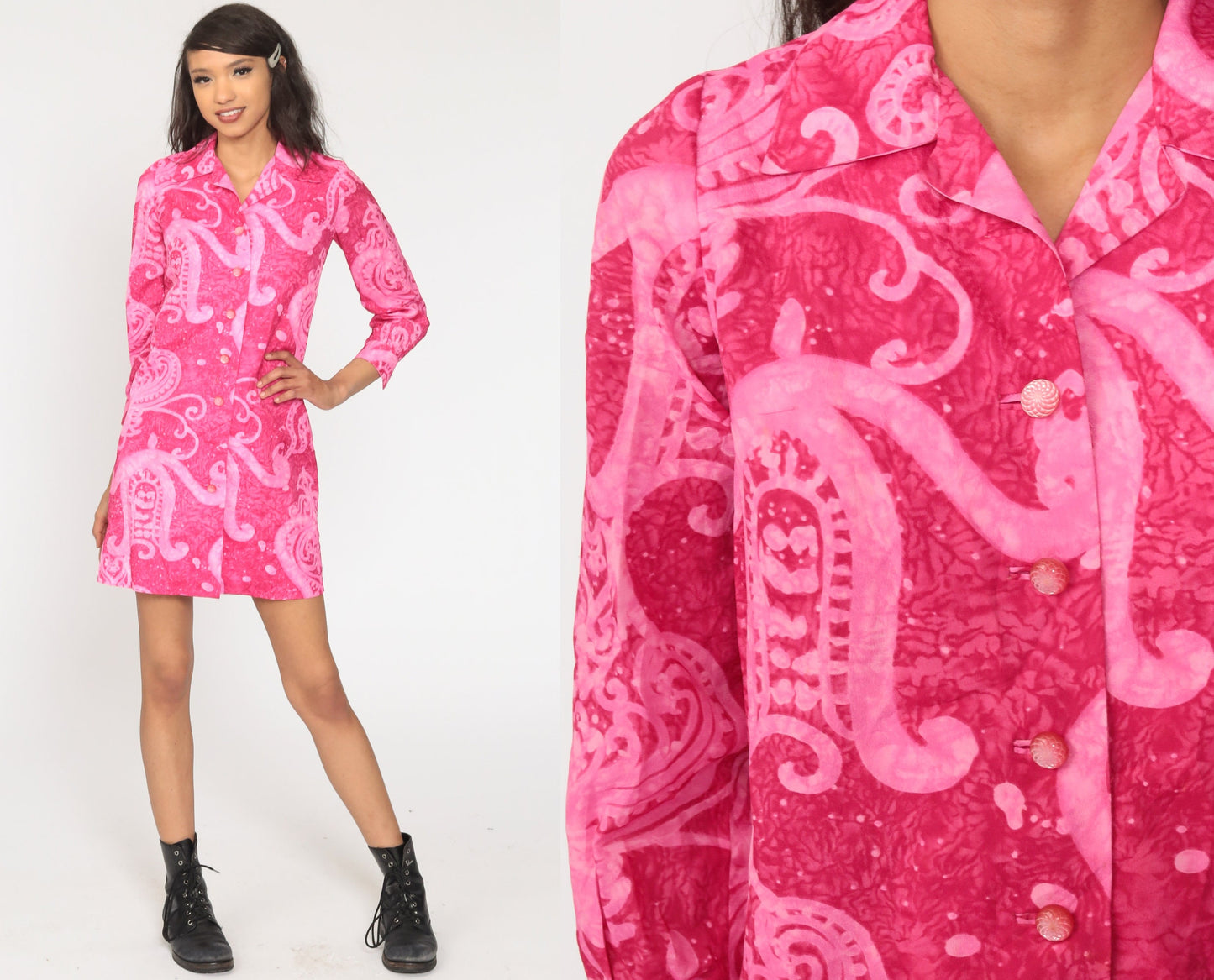70s Pink Psychedelic Mini Shift Dress Button-Up Long Sleeve Extra Small