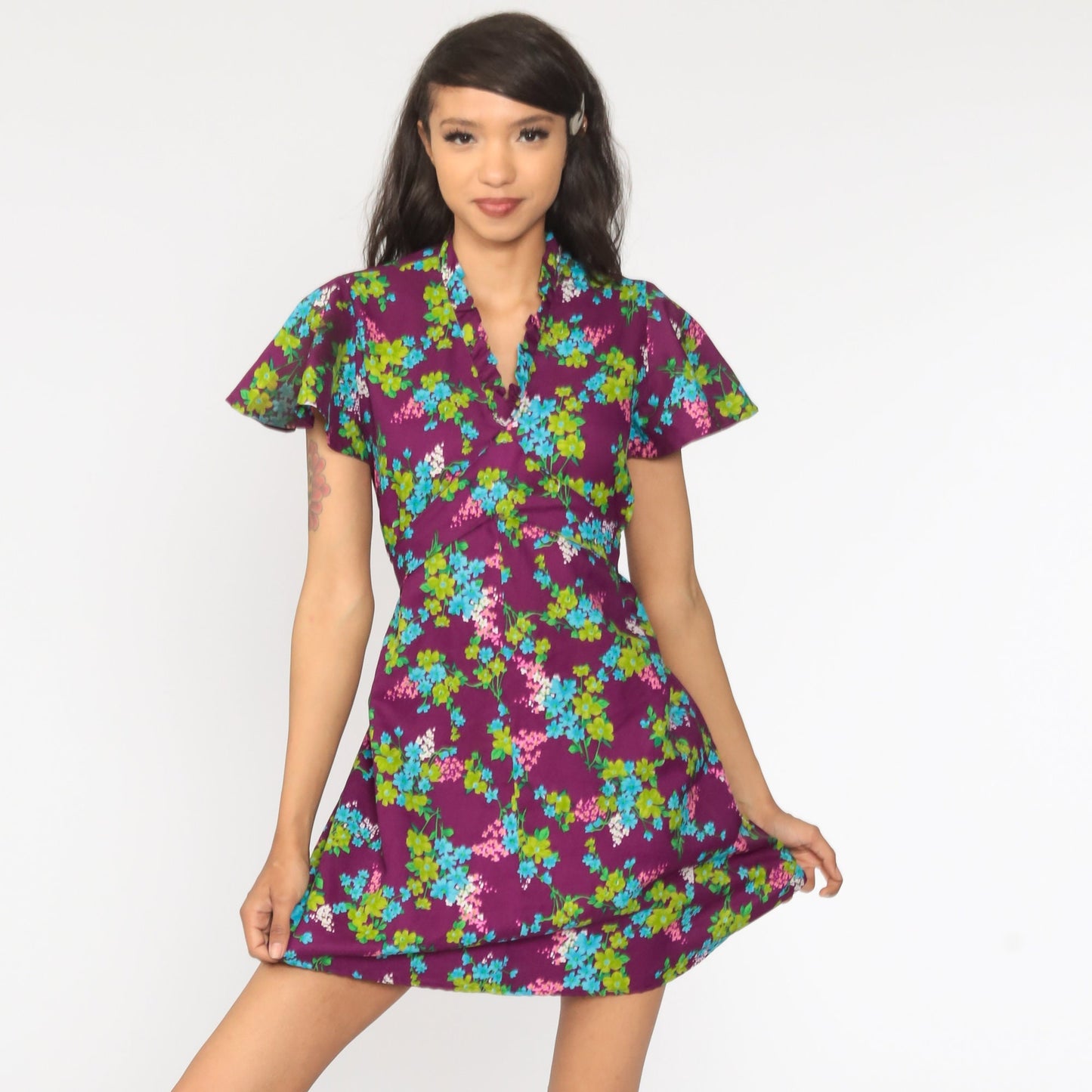 70s Floral Mini Dress Purple Green Empire Waist Flutter Sleeve Medium Large