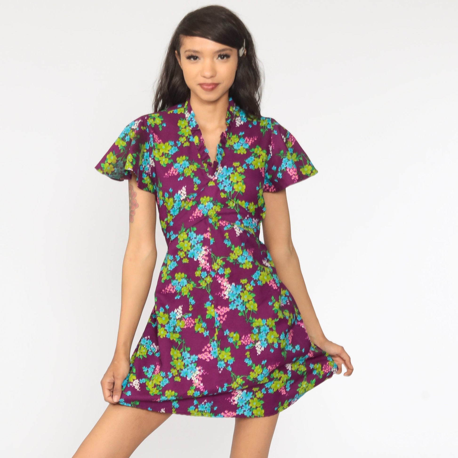 70s Floral Mini Dress Purple Green Empire Waist Flutter Sleeve Medium Large