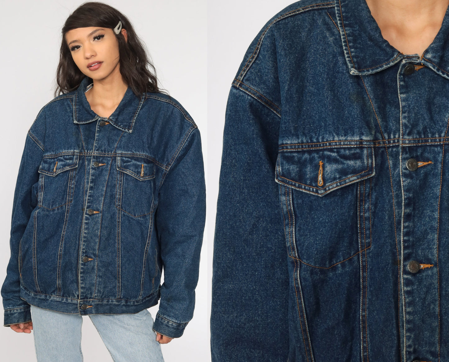 80s Blue Denim Jacket Sherpa Lining Jean Coat Extra Large XL