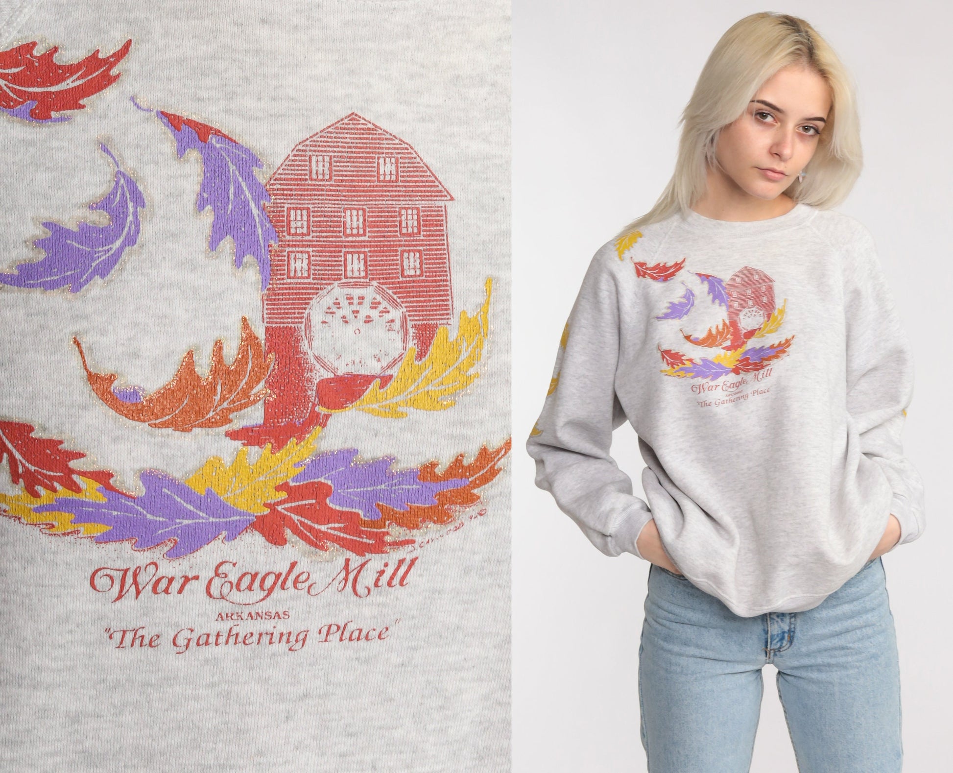 80s War Eagle Mill Arkansas Raglan Sweatshirt Grey Graphic Crewneck Medium
