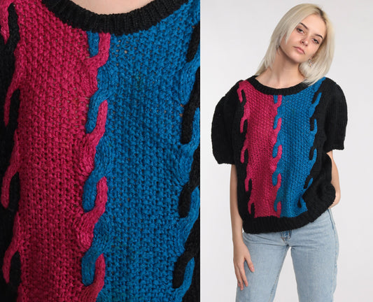 80s Color Block Cable Knit Sweater Top Black Magenta Blue Short Sleeve Large