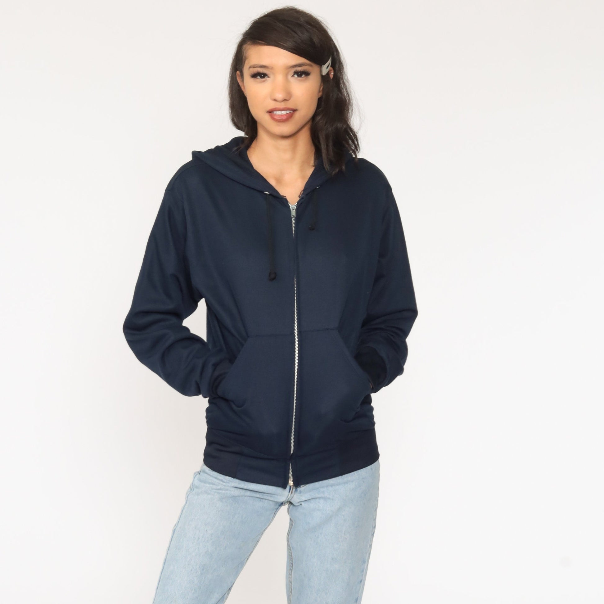80s Blue Zip-Up Hoodie Sweatshirt Navy Pockets Medium