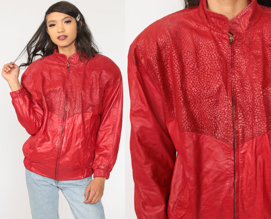 80s Red Leather Motorcycle Jacket Faux Snakeskin Biker Moto Medium