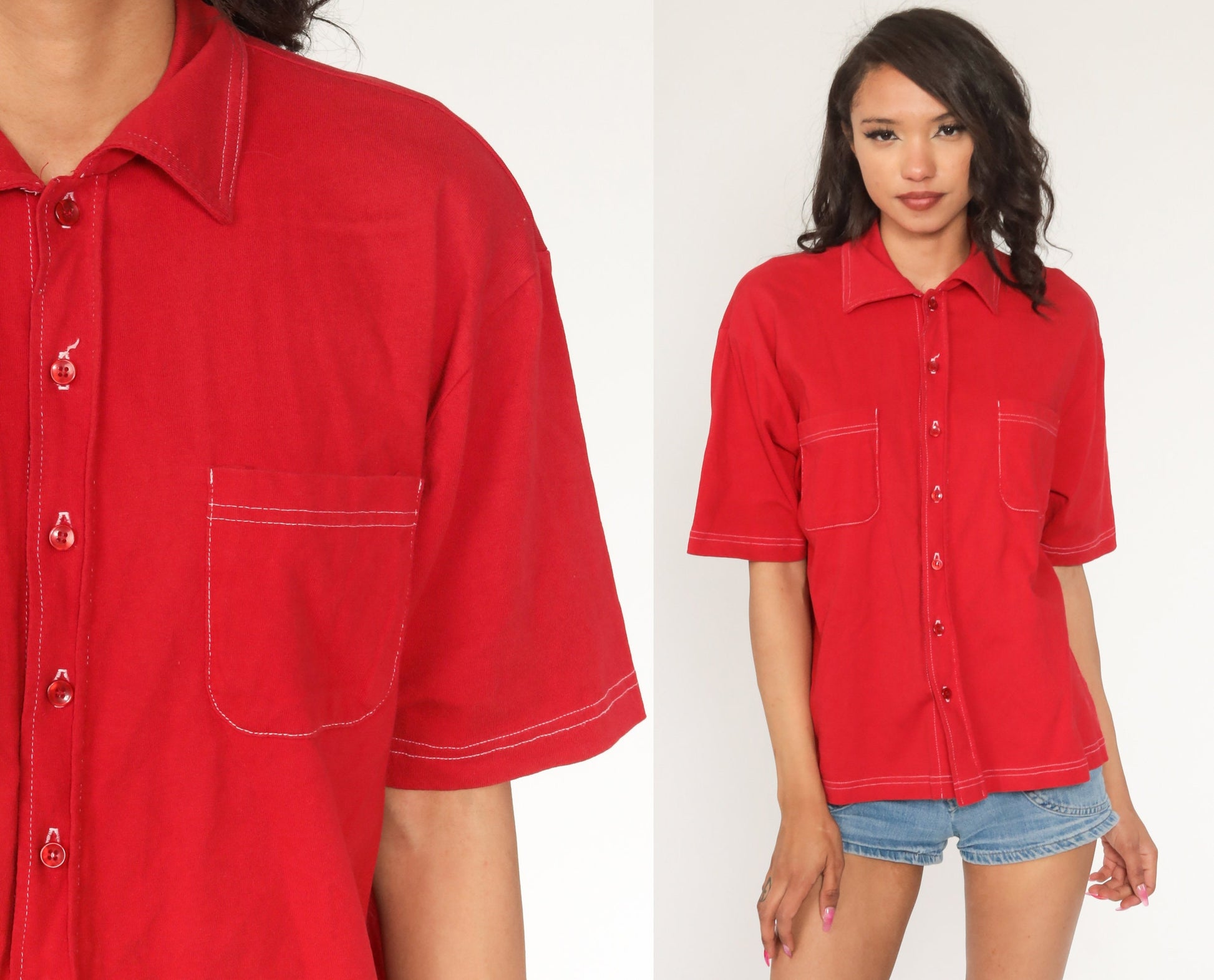 70s Red Cotton Button-Up Shirt Pointed Collar Short Sleeve Medium