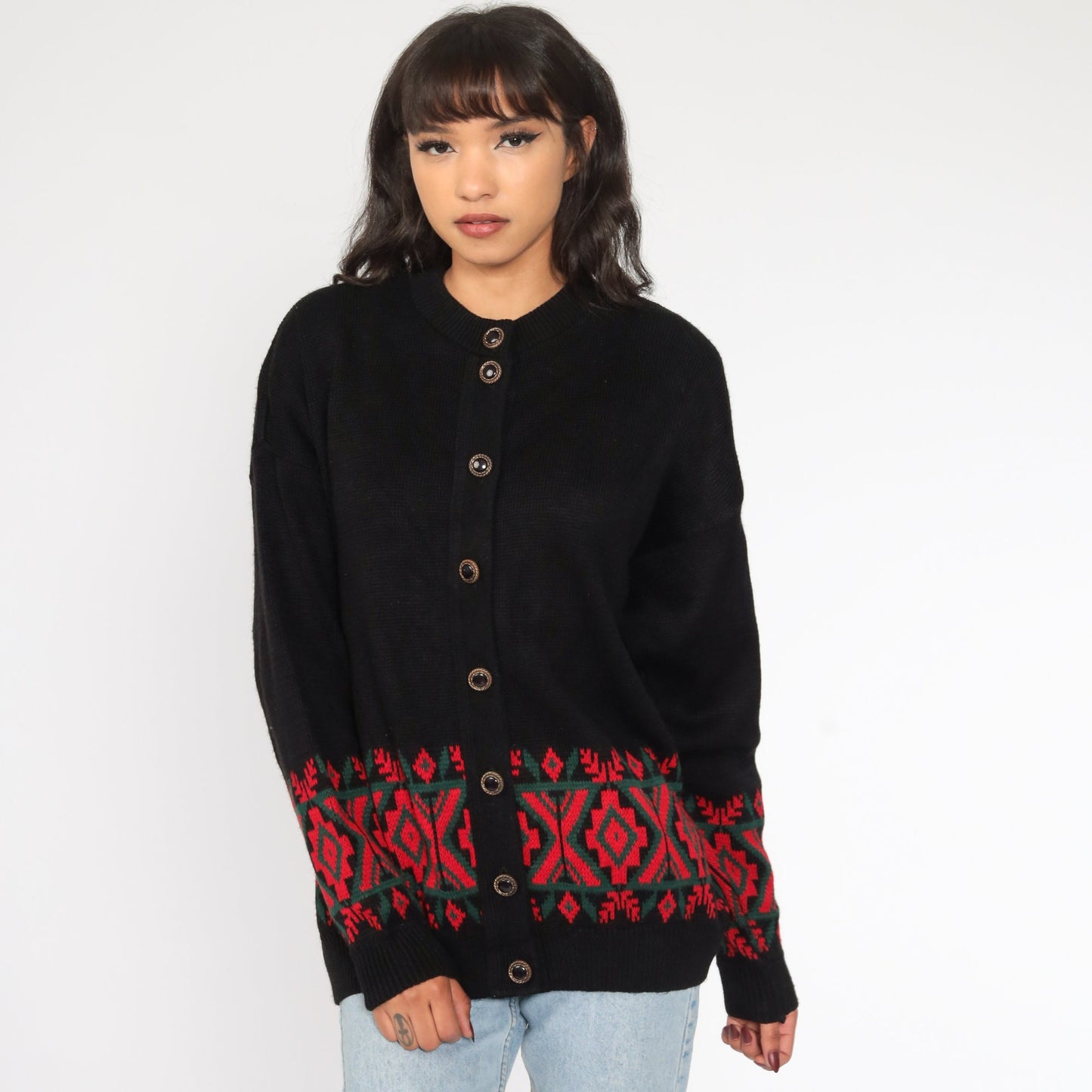 80s Southwestern Tribal Cardigan Black Red Knit Sweater Large